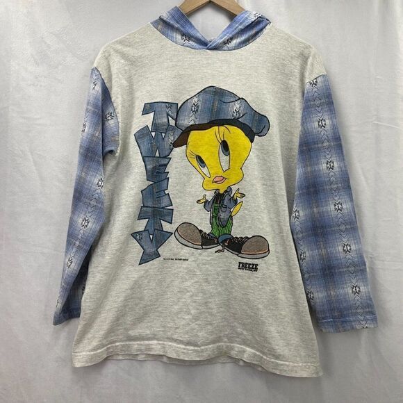 VINTAGE Tweety Bird Looney Tunes Sweatshirt Hooded Size Large Freeze NY 90s 1194 - Picture 2 of 10